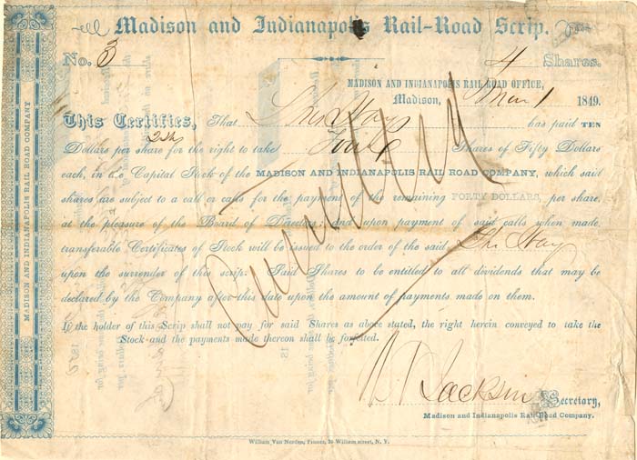 Madison and Indianapolis Railroad - Stock Certificate
